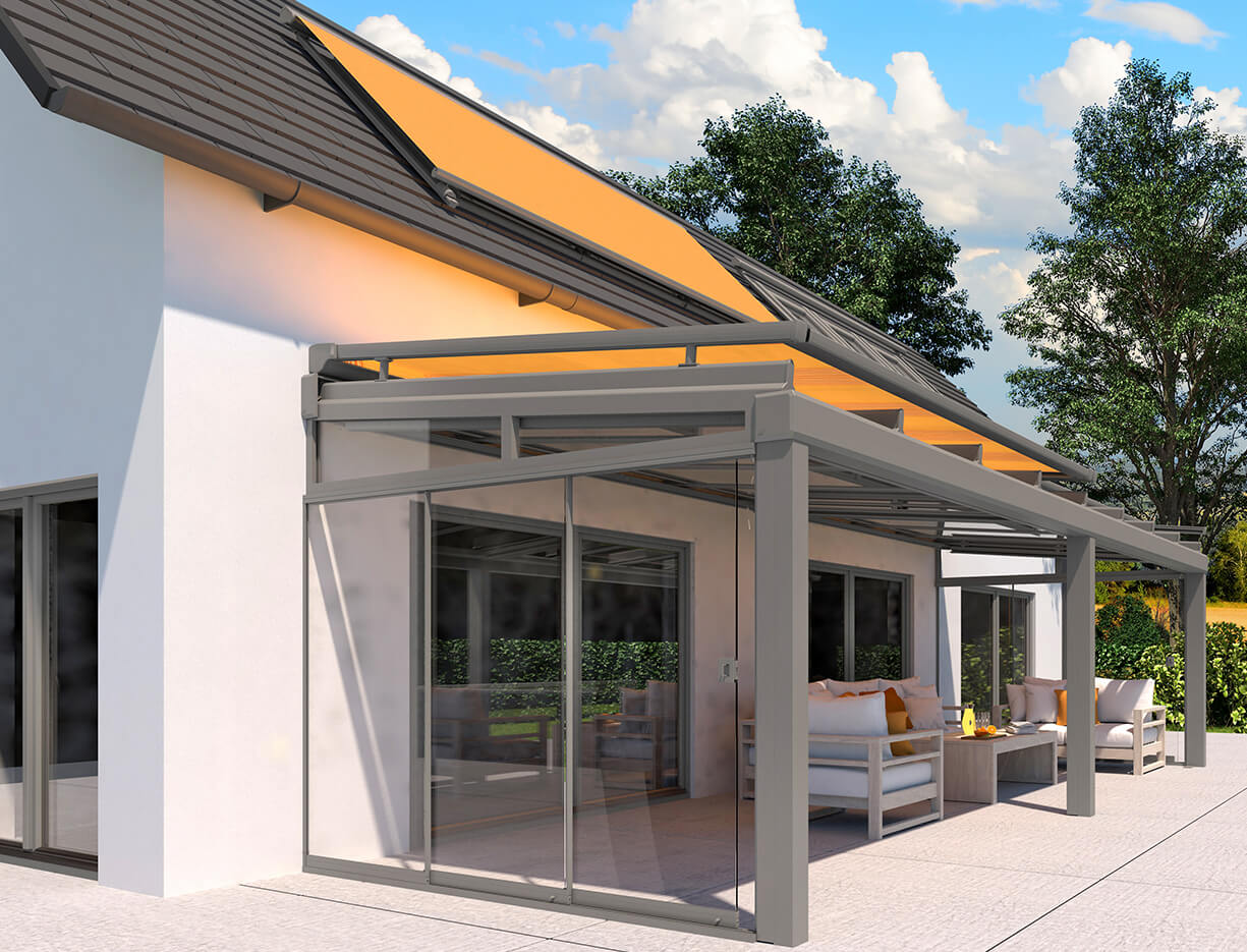 Detailansicht des Erhardt Terrassendachs T100/T150 mit verdeckter Montage