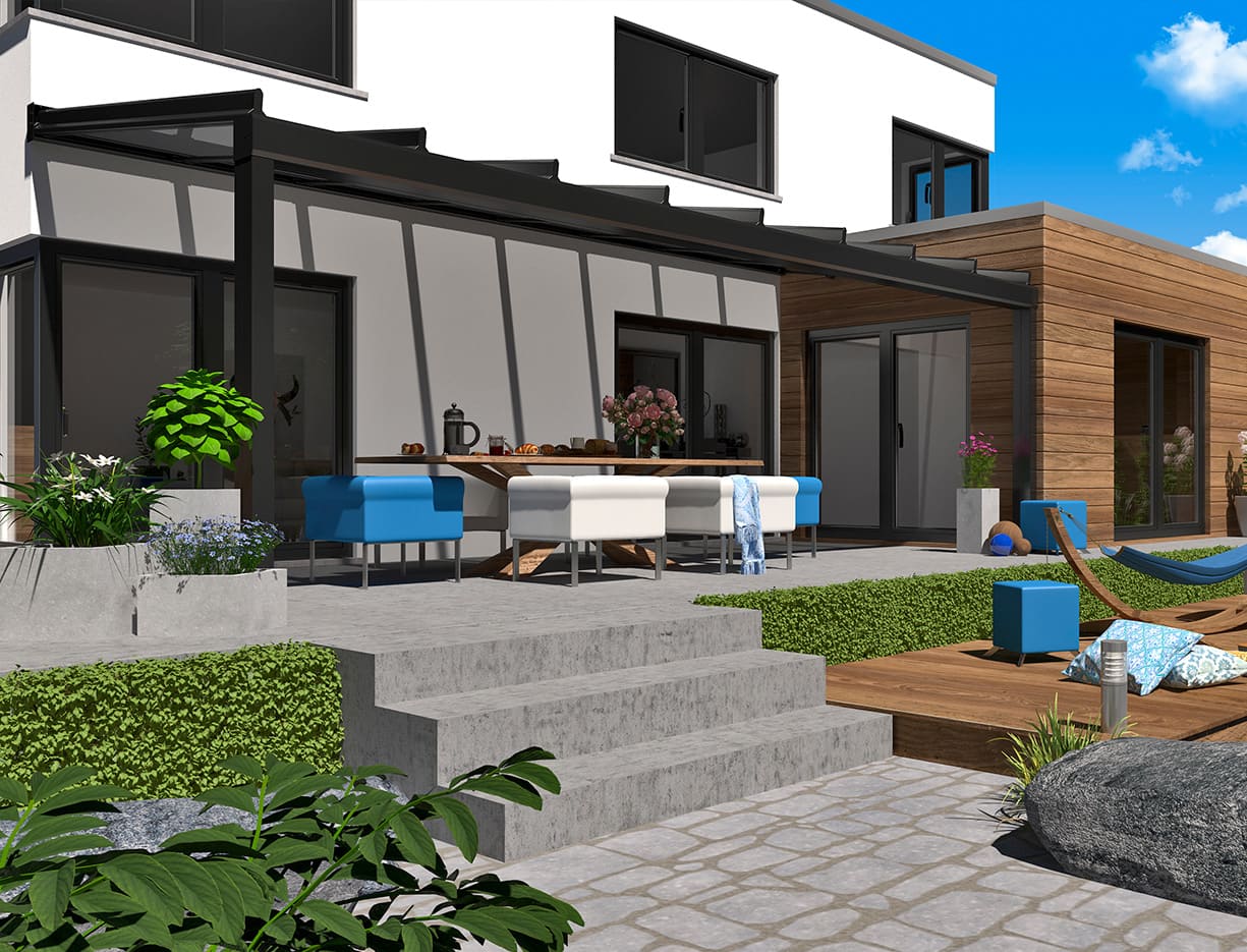 Rundes Profil des Terrassendachs T100/T150 mit integrierter Regenrinne