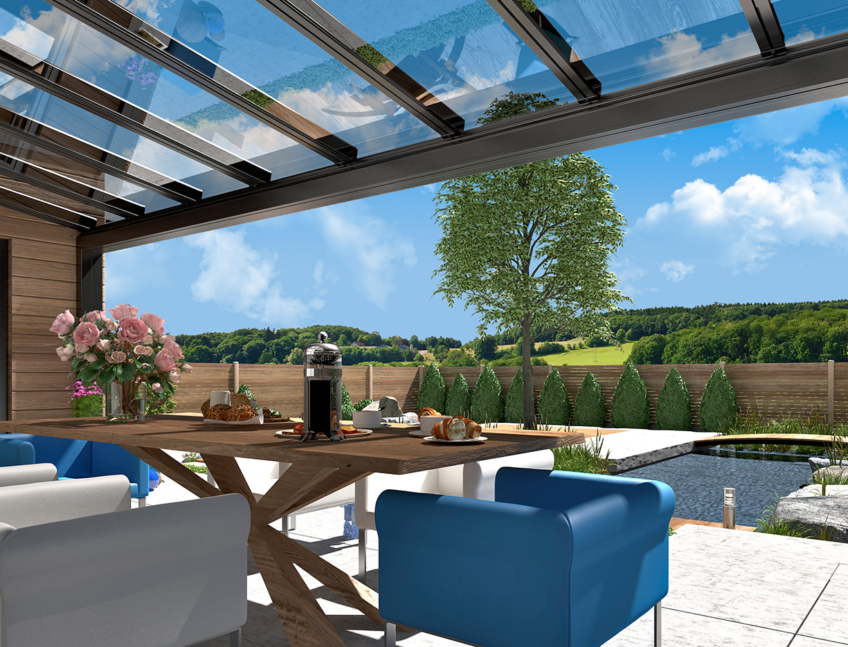 Terrassendach T100/T150 aus robustem Aluminium und Glas für maximale Langlebigkeit