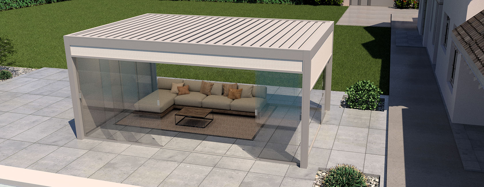 Modernes Erhardt Qube Plus Lamellendach als elegante Outdoor-Erweiterung mit schlankem Design und individuell anpassbaren Optionen